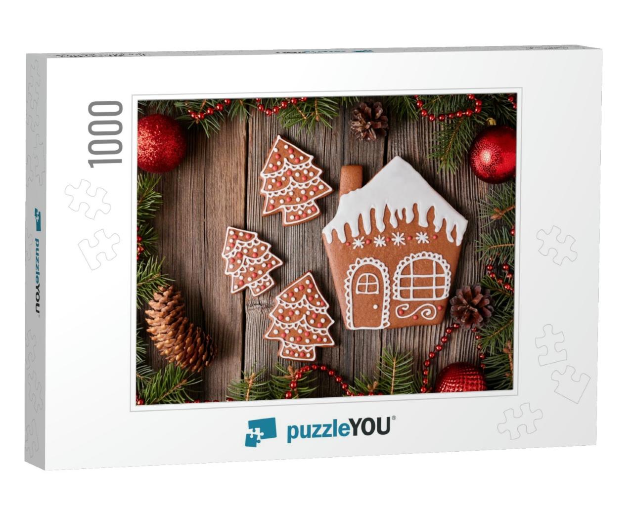 Christmas Gingerbread House & Fur Tree Cookies Compositio... Jigsaw Puzzle with 1000 pieces