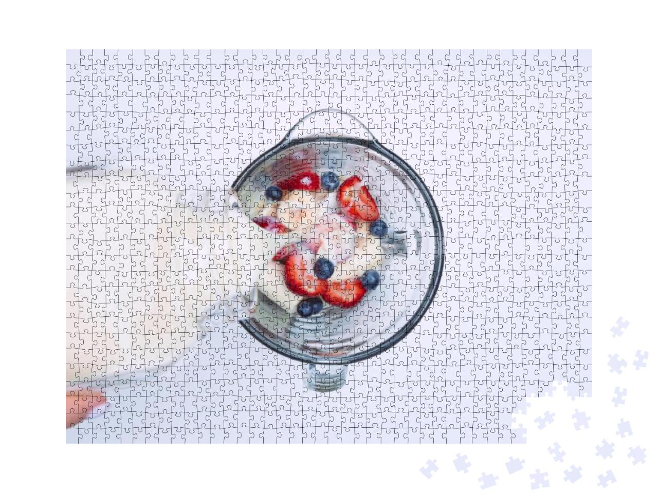 Making smoothie or milkshake in blender. Pouring m Jigsaw Puzzle with 1000 pieces