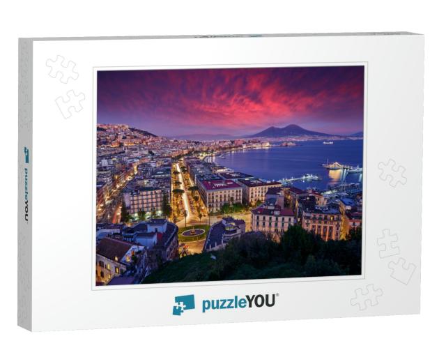 Naples, Twilight Evening Pink Violet Sunset. Town Napoli... Jigsaw Puzzle