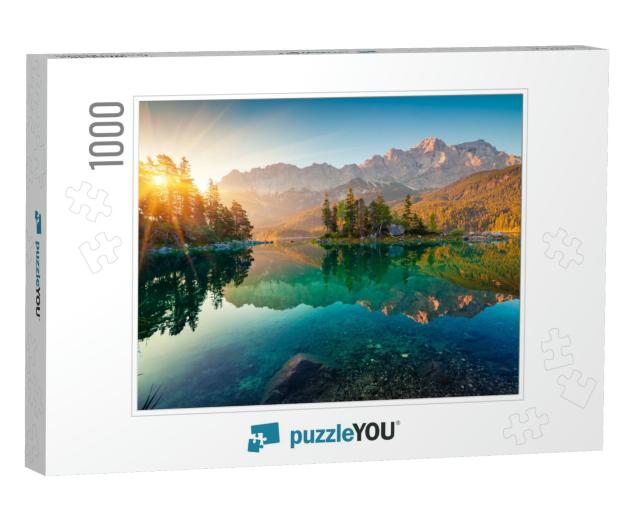 Impressive Summer Sunrise on Eibsee Lake with Zugspitze M... Jigsaw Puzzle with 1000 pieces