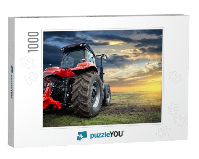 Tractor Working on the Farm At Sunset, a Modern Agricultu... Jigsaw Puzzle with 1000 pieces