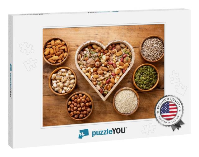 Heart Shaped Box & Small Bowls Full of Nuts & Seed on Rus... Jigsaw Puzzle