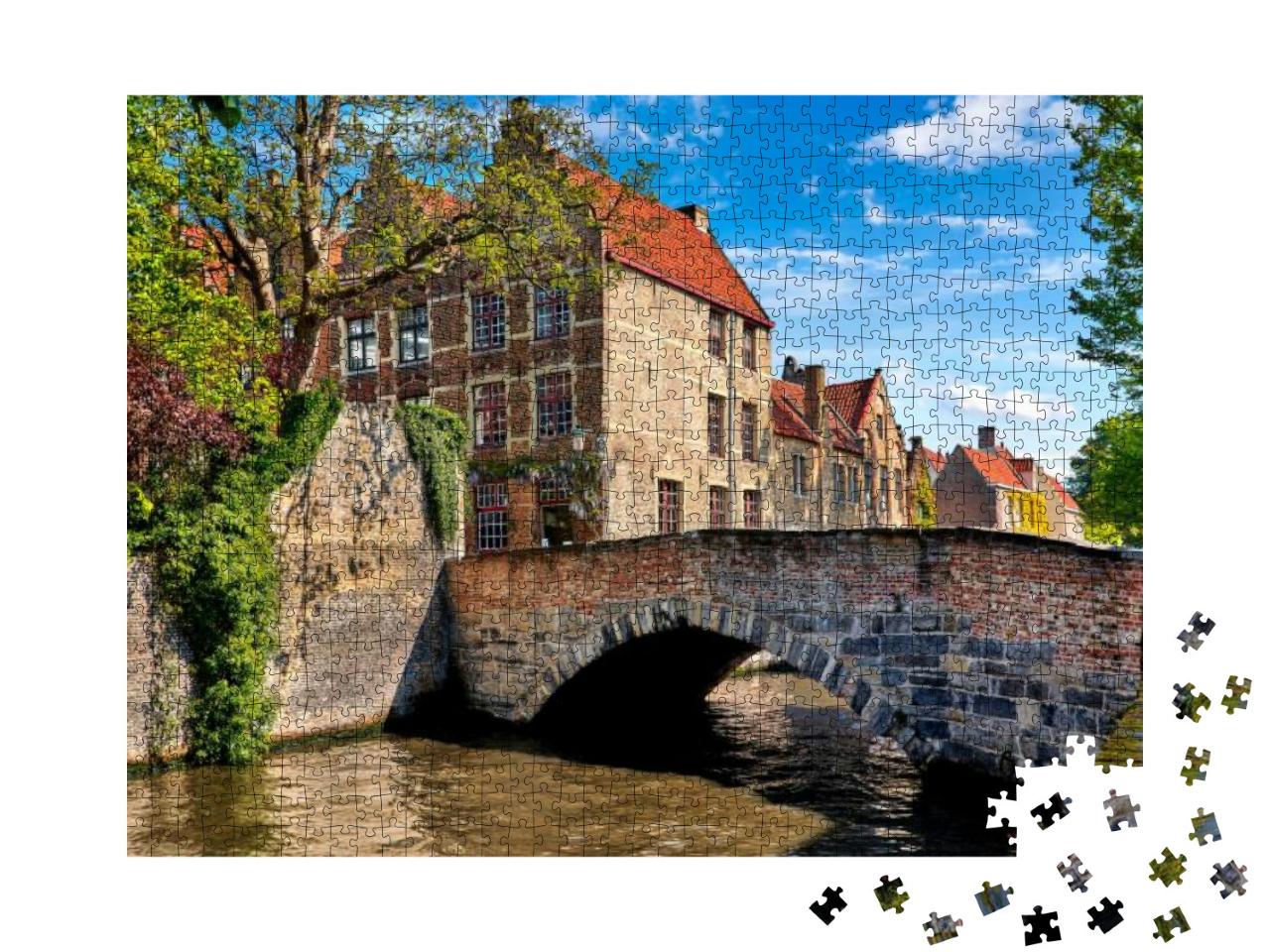 Bruges Belgium Vintage Stone Houses & Bridge Over Canal A... Jigsaw Puzzle with 1000 pieces