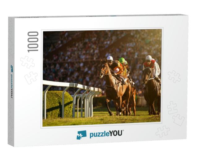 Two Jockeys During Horse Races on His Horses Going Toward... Jigsaw Puzzle with 1000 pieces