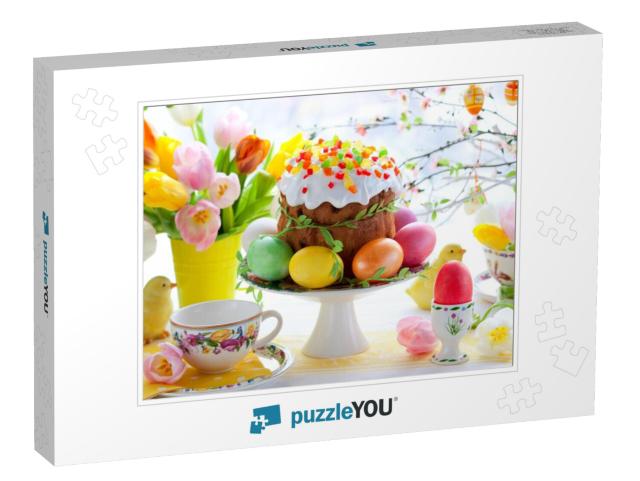 Easter Cake & Colorful Eggs on Festive Easter Table... Jigsaw Puzzle