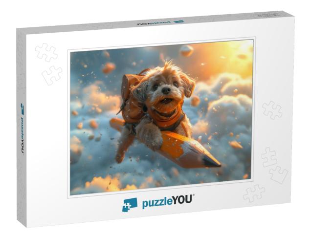 Cute School Puppy in the Clouds on a Flying Pencil Jigsaw Puzzle