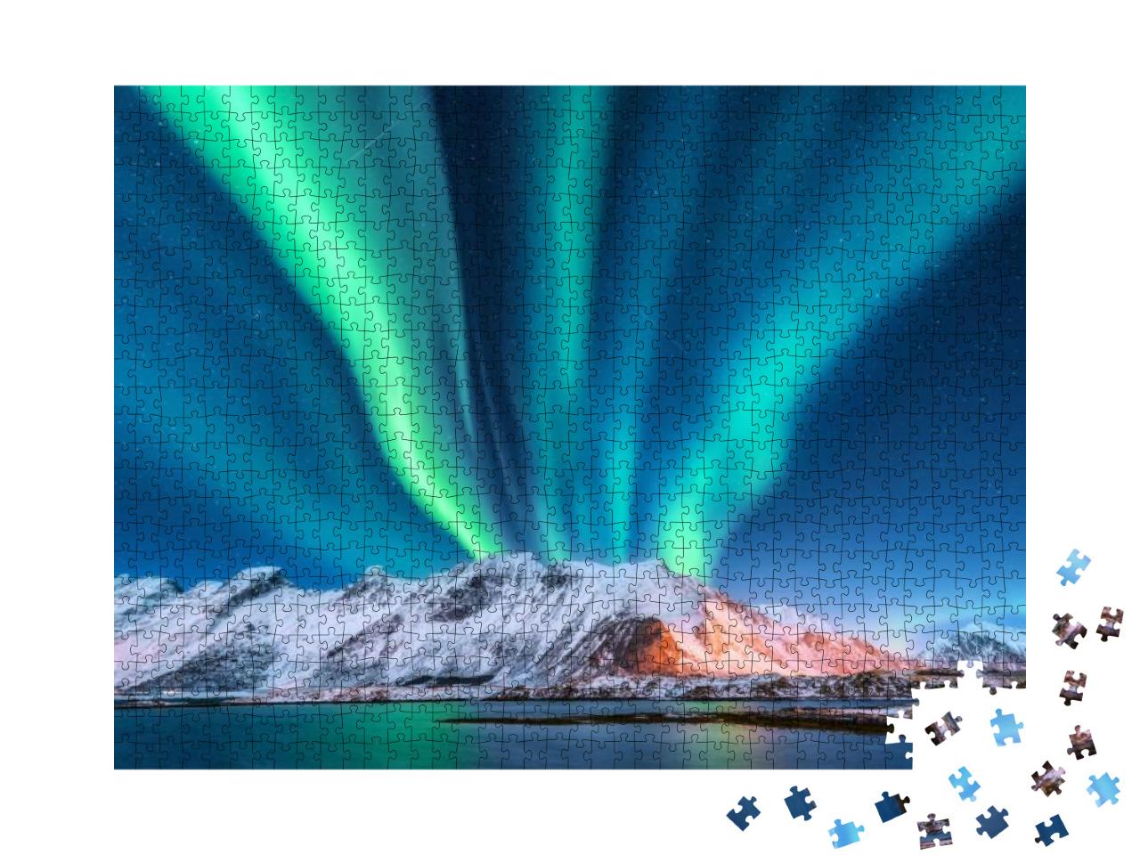 Aurora Borealis. Lofoten Islands, Norway. Aurora. Green N... Jigsaw Puzzle with 1000 pieces