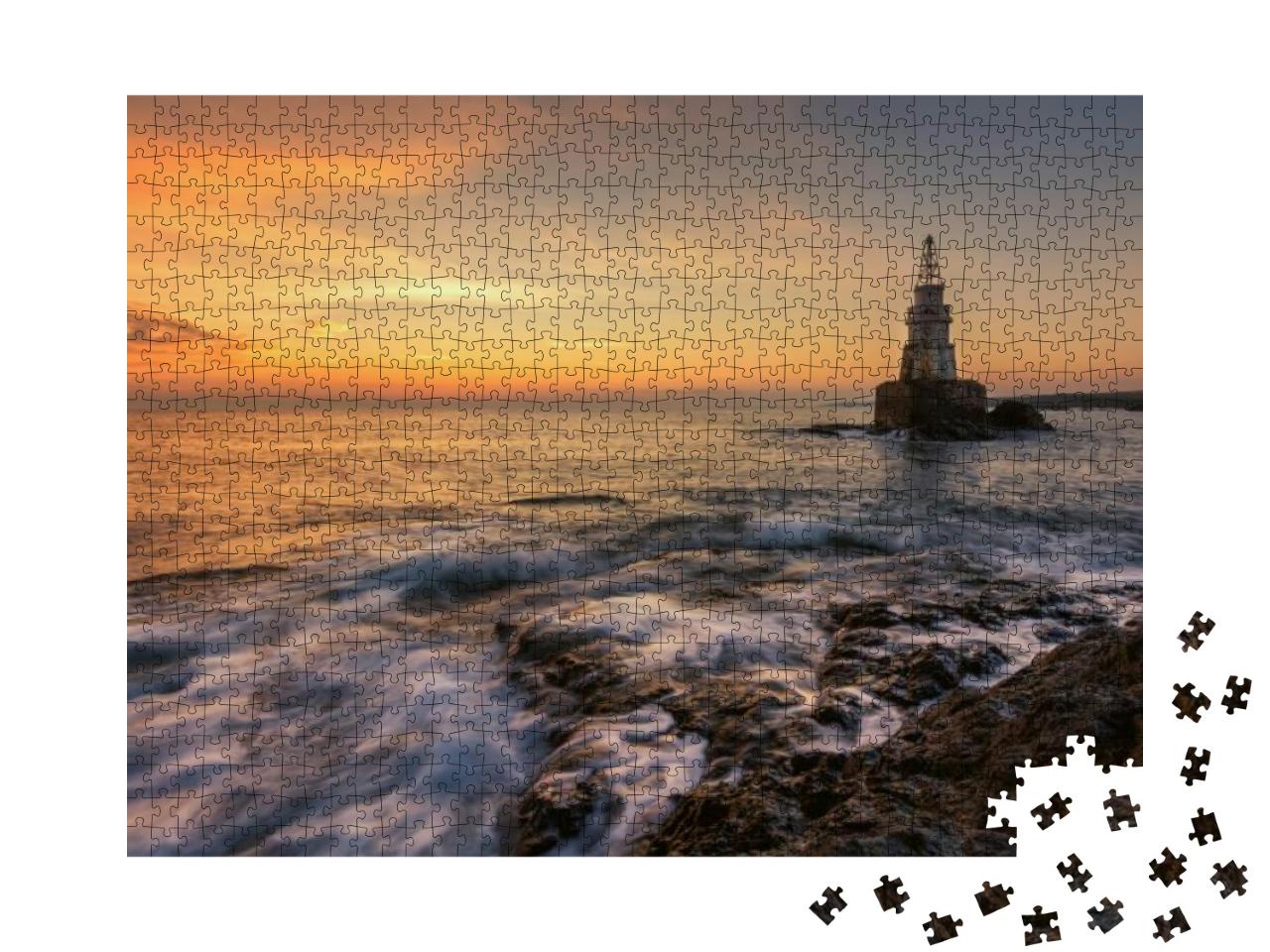 Misty Sunrise of the Lighthouse in Ahtopol, Bulgaria. Blu... Jigsaw Puzzle with 1000 pieces