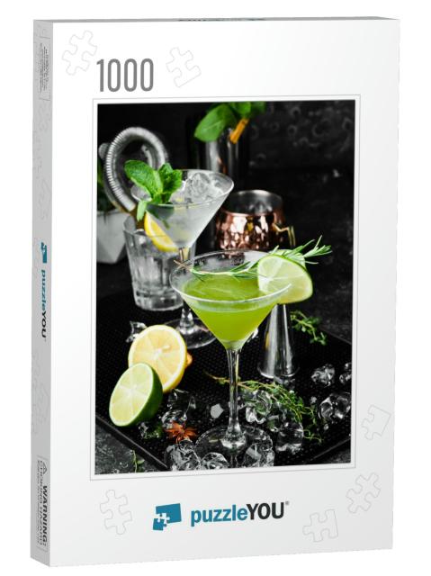 Green Alcoholic Cocktail with Lime & Rosemary. on a Black... Jigsaw Puzzle with 1000 pieces