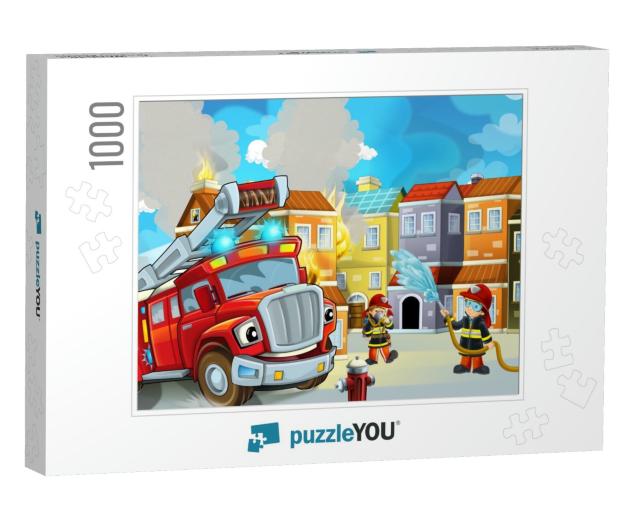 Cartoon Stage with Fireman & Fire Truck Near Burning Buil... Jigsaw Puzzle with 1000 pieces