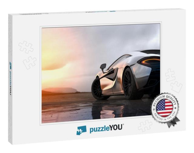 Silver Luxury Sports Car Sunset Scene with Grunge Overlay... Jigsaw Puzzle