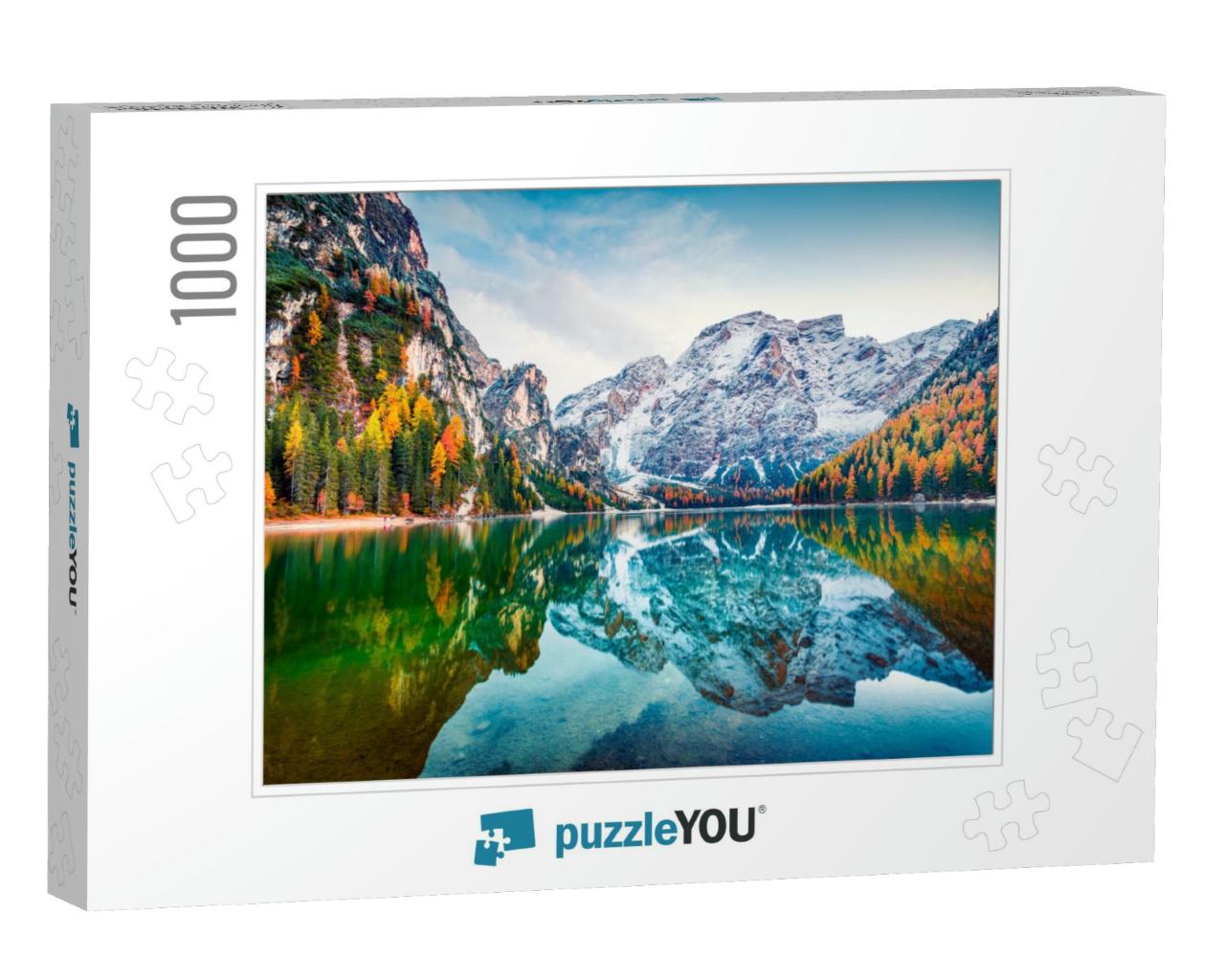 First Snow on Braies Lake. Colorful Autumn Landscape in I... Jigsaw Puzzle with 1000 pieces