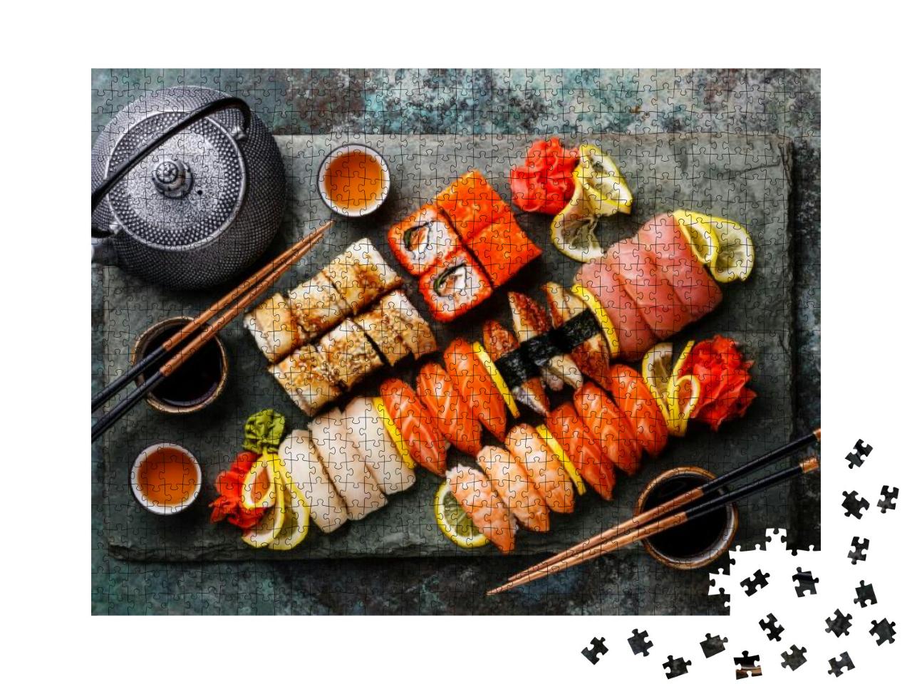 Sushi Set Nigiri & Sushi Rolls with Tea Served on Gray St... Jigsaw Puzzle with 1000 pieces
