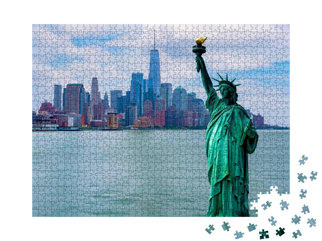 The Statue of Liberty with One World Trade Center Backgro... Jigsaw Puzzle with 1000 pieces