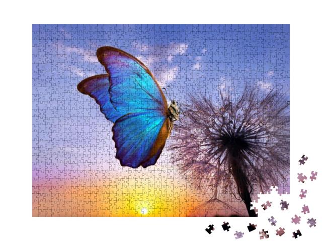 Natural Pastel Background. Morpho Butterfly & Dandelion... Jigsaw Puzzle with 1000 pieces