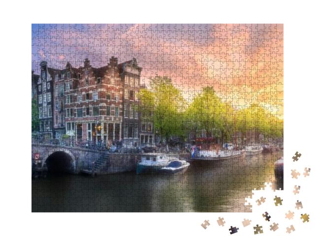 Amstel River, Canals & Sunrise Over Beautiful Amsterdam C... Jigsaw Puzzle with 1000 pieces