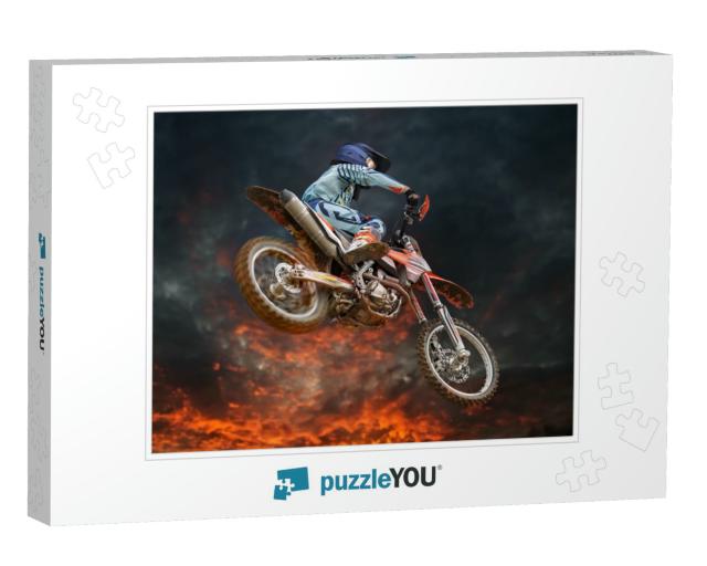 Jumping Motocross Rider with Firestorm in the Background... Jigsaw Puzzle