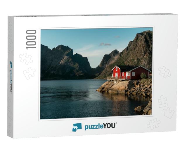 A Single Classic Red Cabin on the Islands of Lofoten. Per... Jigsaw Puzzle with 1000 pieces