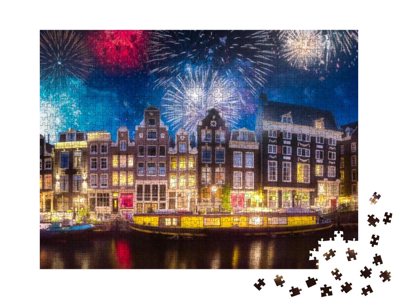Amstel River, Canals & Boats Against Night Cityscape of A... Jigsaw Puzzle with 1000 pieces