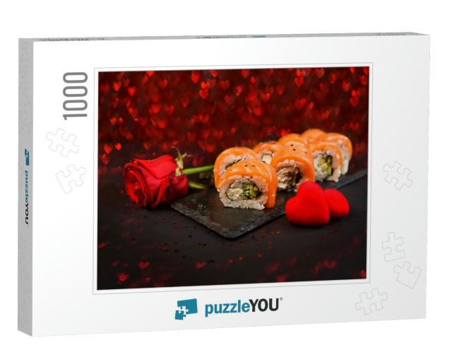 Sushi Rolls Laid Out a Black Plate on Black Background. R... Jigsaw Puzzle with 1000 pieces