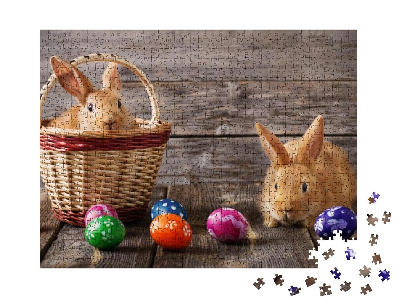 Easter Bunny with Eggs on Wooden Background... Jigsaw Puzzle with 1000 pieces