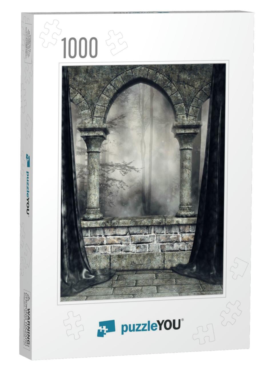 Dark Scenery with a Stone Gothic Arch & Black Curtains. 3... Jigsaw Puzzle with 1000 pieces