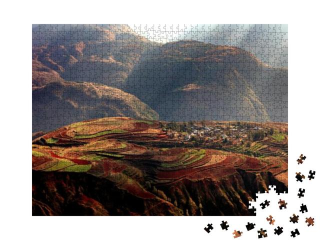 Dongchuan Red Earth Multi-Colored Terraces - Red Soil, Gr... Jigsaw Puzzle with 1000 pieces