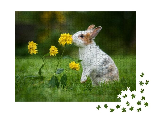 Little Rabbit Smelling a Flower in the Garden... Jigsaw Puzzle with 1000 pieces