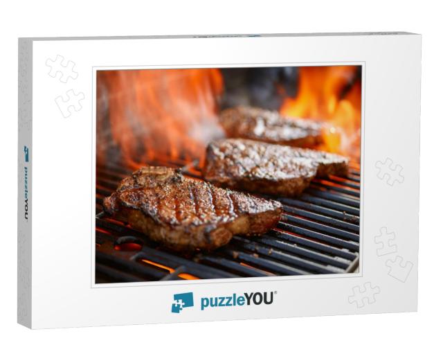 grilling steaks on flaming grill and shot with sel Jigsaw Puzzle