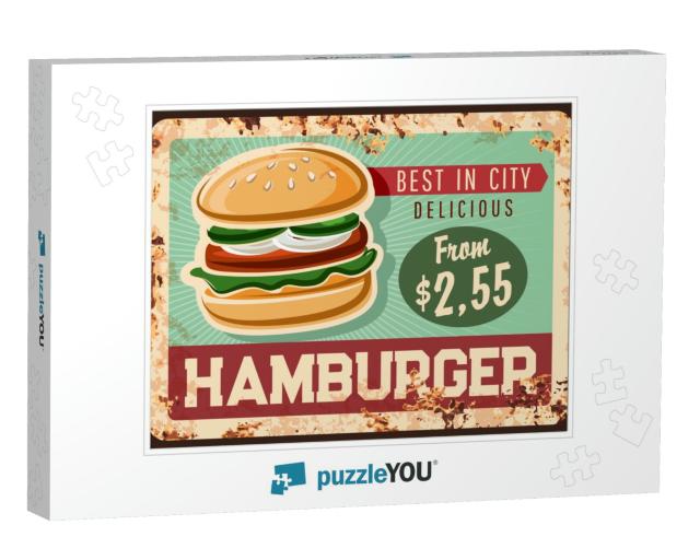 Hamburger Rusty Metal Plate. Fast Food Takeaway Meal Retr... Jigsaw Puzzle