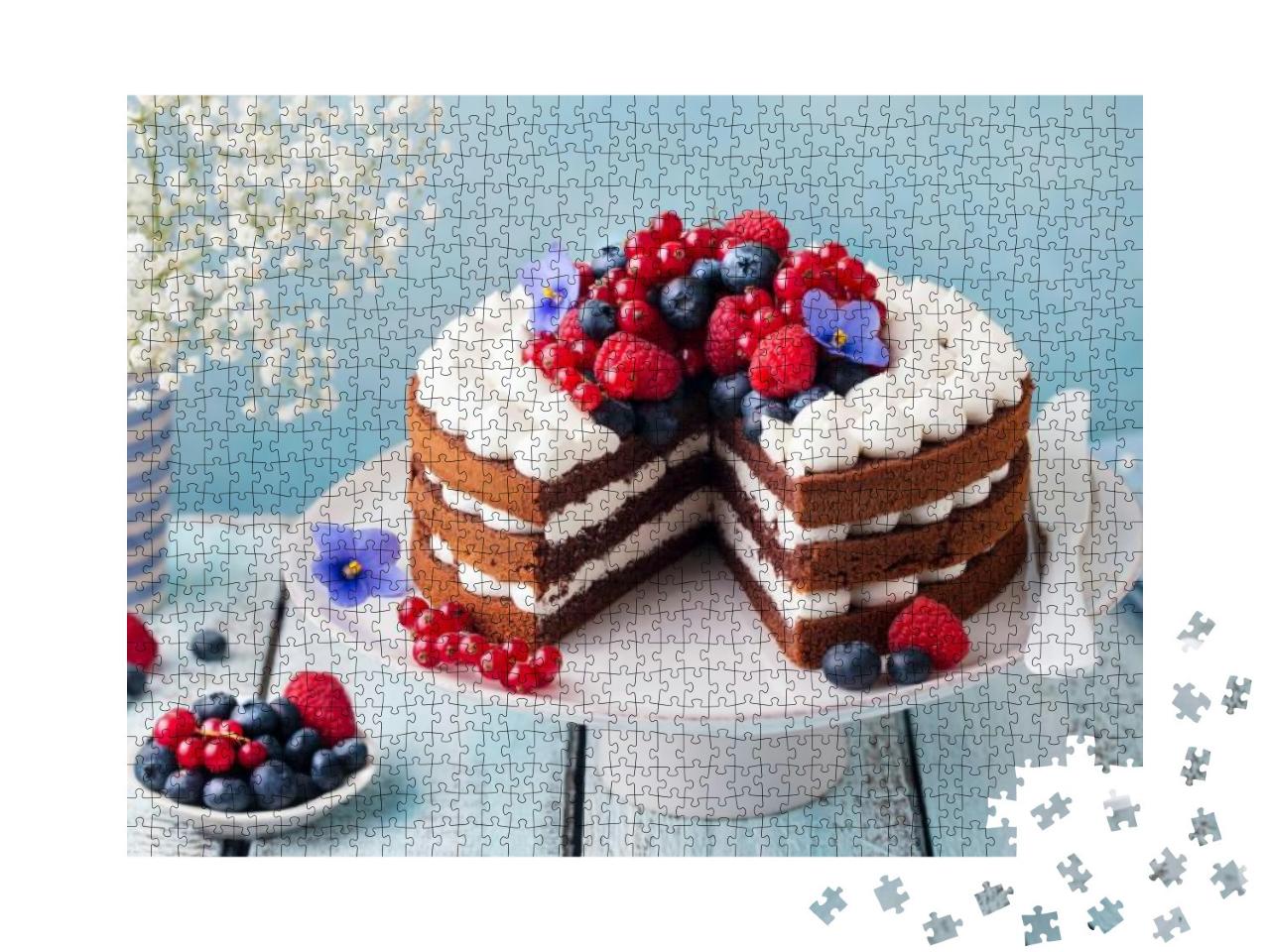 Chocolate Cake with Whipped Cream & Fresh Berries. Blue W... Jigsaw Puzzle with 1000 pieces