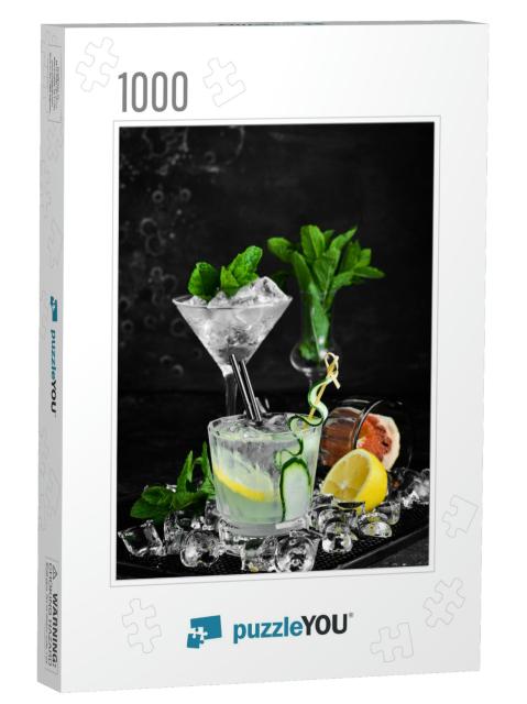 Alcoholic Cocktail Gin & Tonic with Cucumber on a Black S... Jigsaw Puzzle with 1000 pieces