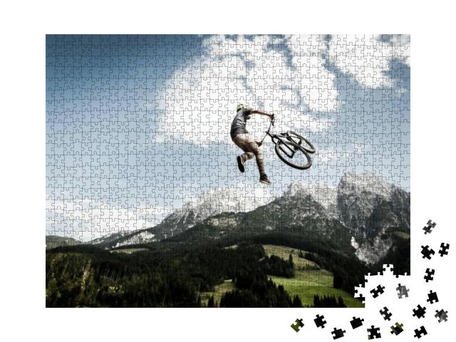 Biker Jumps a High Stunt with Mountains in the Back... Jigsaw Puzzle with 1000 pieces