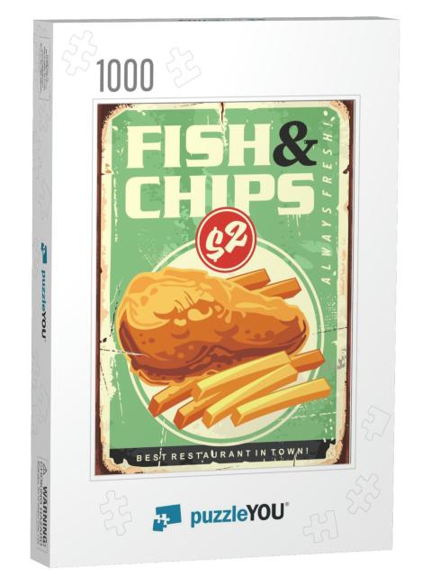 Fish & Chips Retro Ad Tin Sign Design. Fried Fish Fillet... Jigsaw Puzzle with 1000 pieces