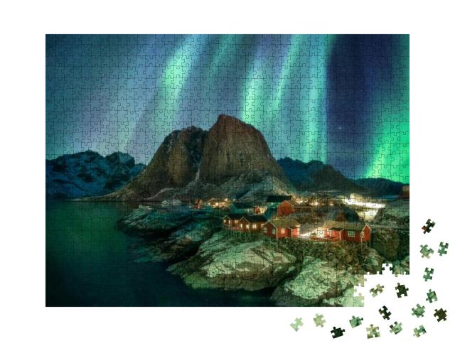 Northern Lights Over Fishing Village with Mountain Range... Jigsaw Puzzle with 1000 pieces