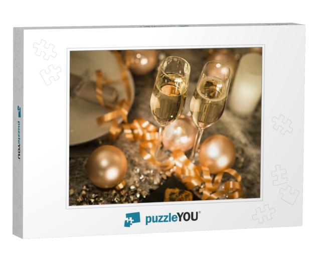 New Years Eve Party Table with Champagne Flute Rib... Jigsaw Puzzle