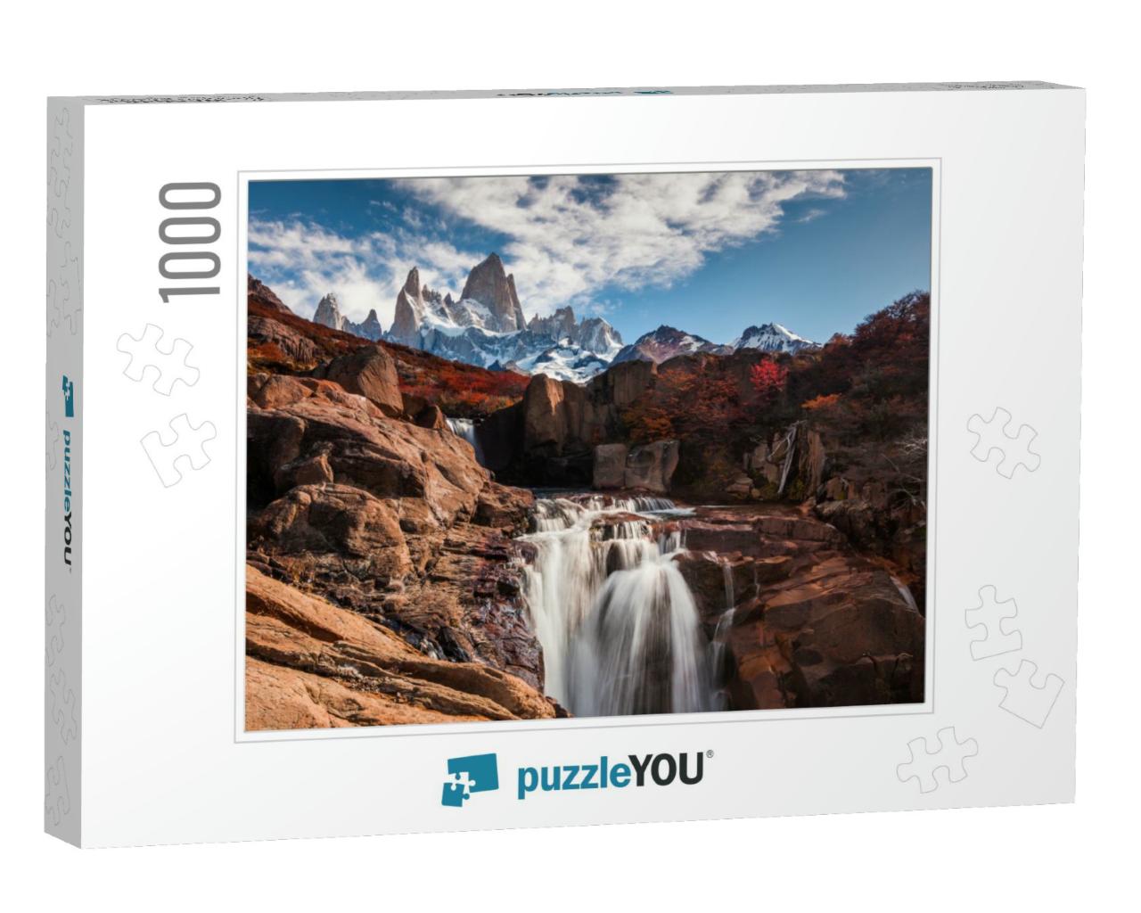 Beautiful View with Waterfall & Fitz Roy Mountain. Patago... Jigsaw Puzzle with 1000 pieces