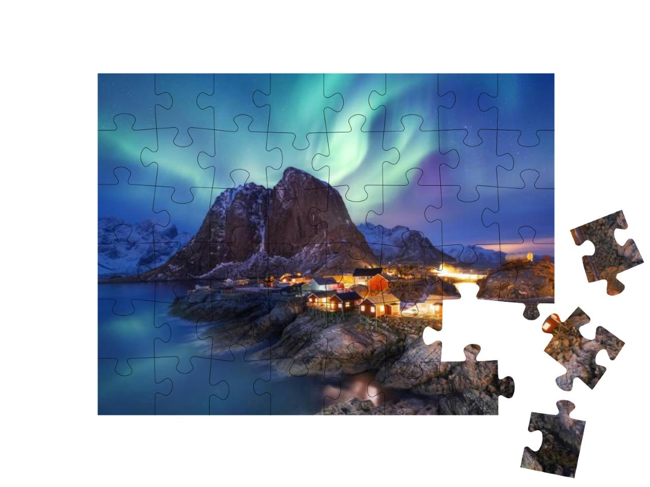 Aurora Borealis on the Lofoten Islands, Norway. Green Nor... Jigsaw Puzzle with 48 pieces
