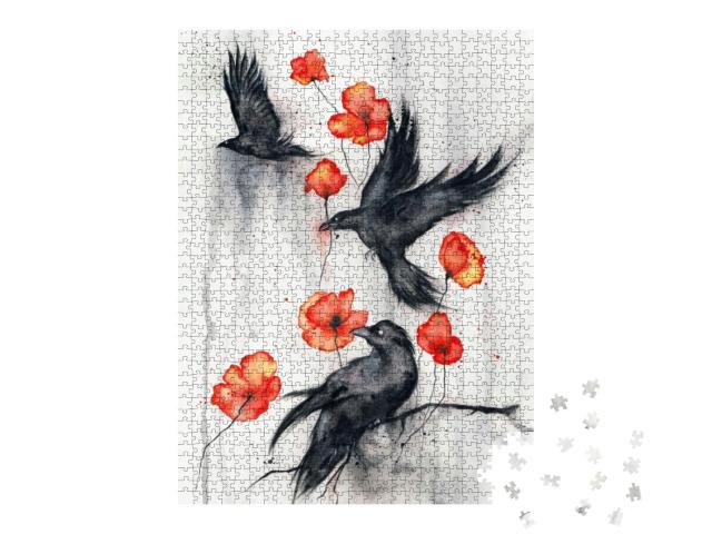 Black Ravens, Red Poppies & Rainy Watercolor Background... Jigsaw Puzzle with 1000 pieces