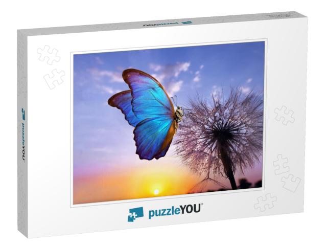 Natural Pastel Background. Morpho Butterfly & Dandelion... Jigsaw Puzzle