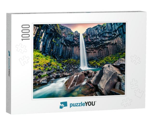 Dramatic Morning View of Famous Svartifoss Black Fall Wat... Jigsaw Puzzle with 1000 pieces