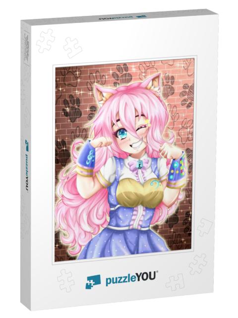 Happy Kawaii Anime Neko Girl of Pink Hair, Anime Illustra... Jigsaw Puzzle