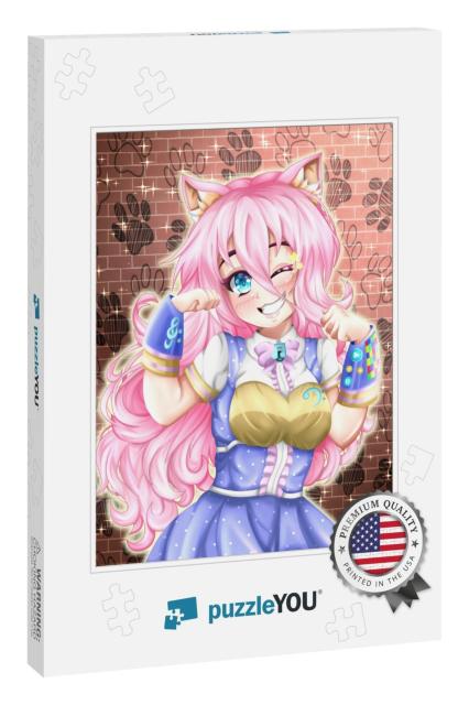 Happy Kawaii Anime Neko Girl of Pink Hair, Anime Illustra... Jigsaw Puzzle