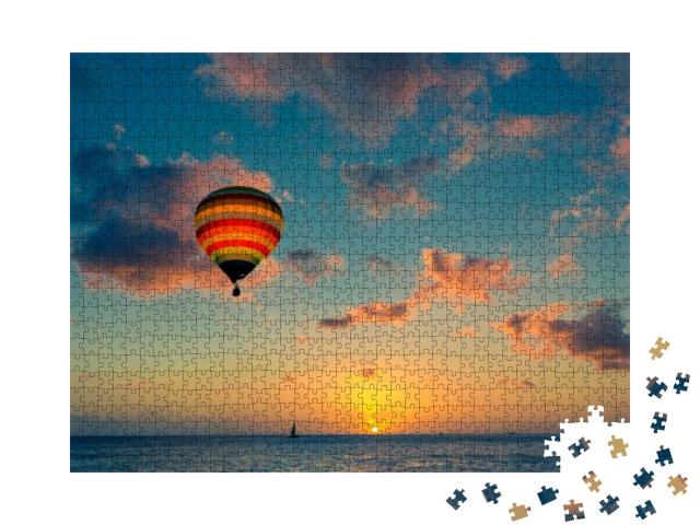 Hot Air Balloon Over the Sea At Sunset... Jigsaw Puzzle with 1000 pieces