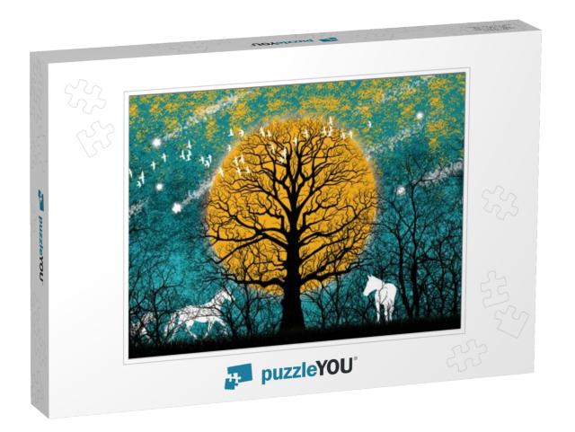 3D Illustration of Forest & White Horse. Luxurious Abstra... Jigsaw Puzzle