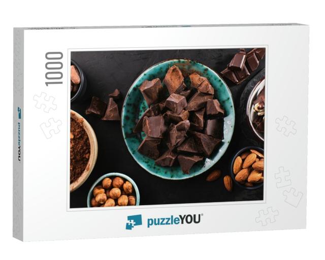 Chunks of Dark Chocolate on a Plate, Melted Chocolate in... Jigsaw Puzzle with 1000 pieces