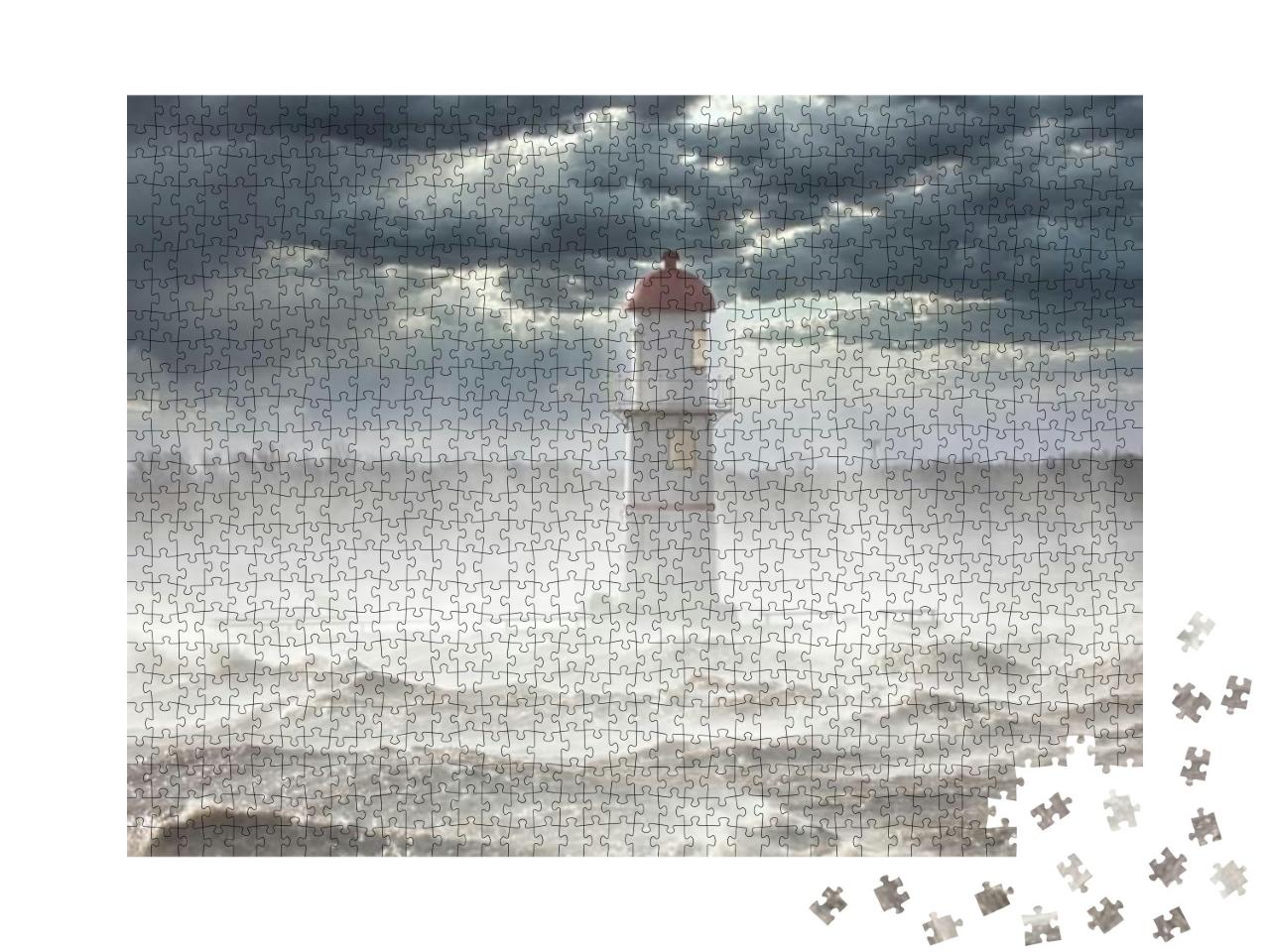 Lighthouse in a Severe Storm Being Battered by the Oncomi... Jigsaw Puzzle with 1000 pieces