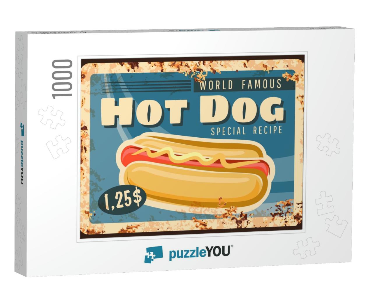 Hot Dog Fast Food Rusty Metal Plate, Vector Vintage Rust... Jigsaw Puzzle with 1000 pieces
