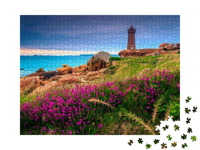 Beautiful Stone Lighthouse & Colorful Pink Flowers At Sun... Jigsaw Puzzle with 1000 pieces