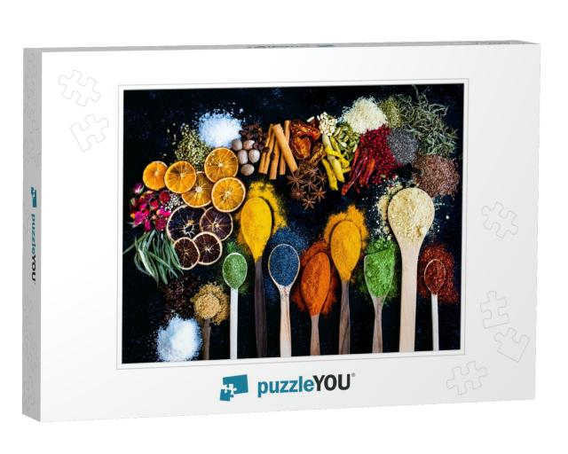 Many Multi Colored Spices & Dried Fruits on the Table. Ba... Jigsaw Puzzle